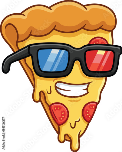 Funny pizza slice cartoon character wearing 3d glasses, cheesy food mascot illustration, cool fast food concept art