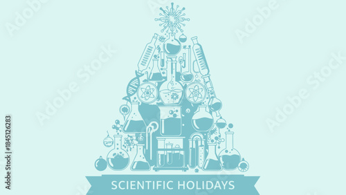 Scientific holidays illustration with chemistry lab equipment forming a christmas tree on a light blue background with a ribbon and festive scientific symbols