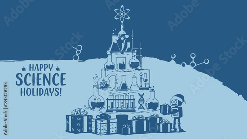 Science holiday scene with robot and laboratory equipment christmas tree surrounded by gifts on blue background with happy science holidays text