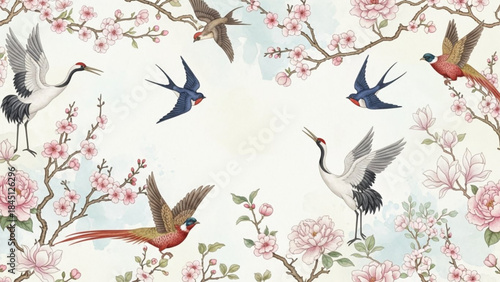 Elegant cranes and swallows flying among blooming cherry blossoms and peonies traditional Asian art illustration for spring and na