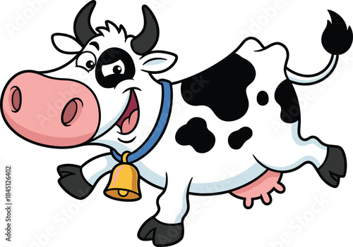 Cute cartoon cow running happily, funny farm animal character illustration, playful dairy mascot design, cheerful agriculture concept art