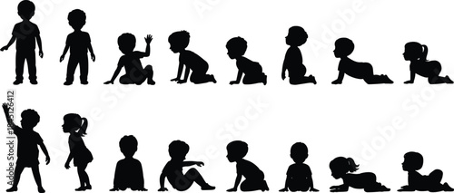 Child development silhouettes, lying, crawling, sitting, standing, walking, motor skills, black silhouette, growth stages, toddler movement, early childhood