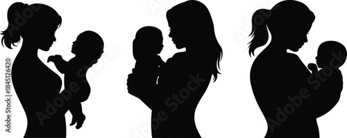 Mother and baby silhouettes, maternal care, bonding, love, black silhouette, profile view, parenting, affection, connection, nurturing, motherhood
