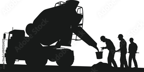 Construction silhouette, cement mixer truck, workers pouring concrete, teamwork, black silhouette, hard hats, machinery, labor, building site, infrastructure