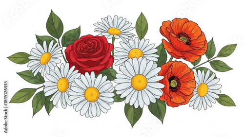 Floral arrangement of red roses poppies and daisies with green leaves watercolor illustration for spring and summer design isolate