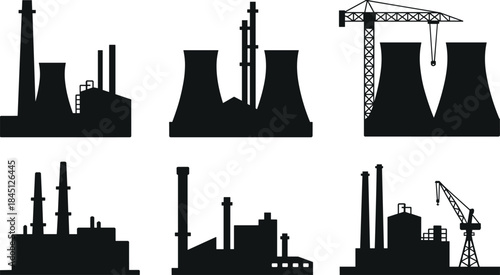 Industrial building silhouettes, factories, power plants, smokestacks, cooling towers, cranes, black silhouette, energy infrastructure, manufacturing, heavy industry, components