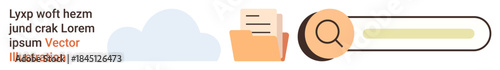 Cloud storage, data retrieval, organization systems, document management, digital tools, research. Cloud icon, folder with document and search bar with magnifying glass. Cloud storage and data