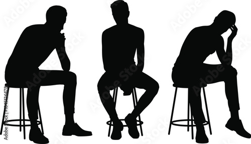 Thinking men silhouette set, seated male poses on stools, emotional body language concepts, black isolated human figures, minimal white background