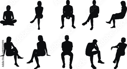 Sitting people silhouette set, male and female seated poses, black human figures, isolated collection, minimal style, white background