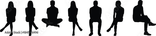 Sitting people silhouette row, male and female seated poses, relaxed human figures, black isolated shapes, minimal style, white background
