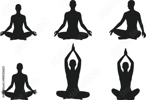 Yoga meditation silhouette set showing different poses lotus position mindfulness relaxation black vector illustration isolated on white background