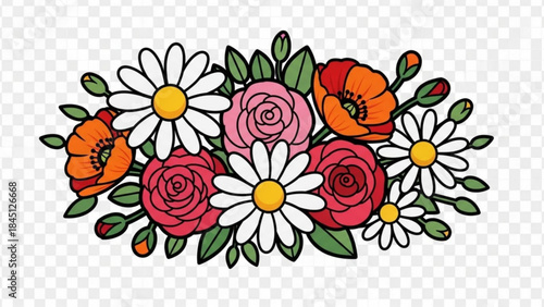 Colorful floral arrangement with daisies and roses hand-drawn illustration for spring and summer design isolated on transparent ba