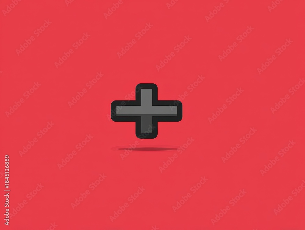 Fototapeta premium A simple pixelated plus symbol with a dark gray color is centered on a vibrant red background, and a subtle drop shadow is shown