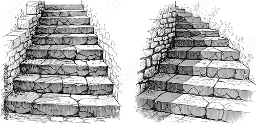 Mediterranean Stone Stairway Side View With Masonry Walls Vintage Engraving Style Vector Illustration Set
