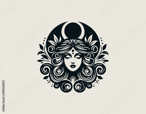 Goddess beauty portrait expressing feminine elegance through refined minimalist black vector logo illustration