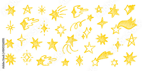 Hand drawn marker star doodle set with sparkling yellow shapes. Childlike chalk charcoal textures 