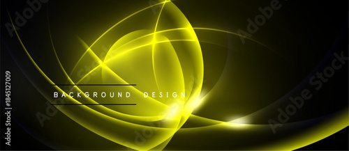 Dynamic yellow lines create abstract glowing form. Dark background emphasizes bright curves, modern design element.