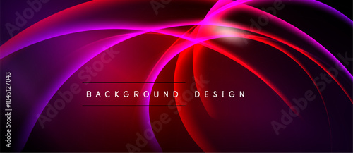 Abstract design features flowing curves, vibrant colors. Red, purple hues create dynamic visual effect. Background includes text elements.