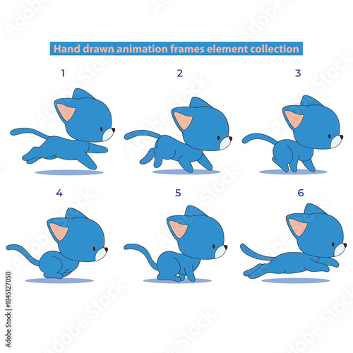Adorable blue cat character animation frames showing a complete walk cycle sequence, perfect for game design, motion graphics, or storybook illustration projects
