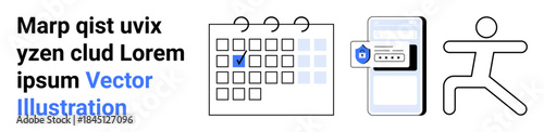 Productivity tools, digital security, fitness tracking, time management, healthy lifestyle, goal setting. Calendar with checkmark, mobile login running figure. Productivity tools and digital