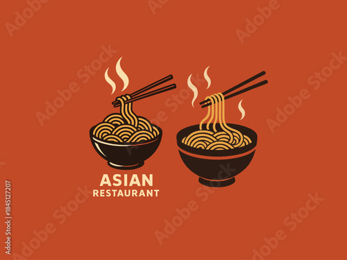 Hot noodles bowl with chopsticks and steam, Asian restaurant vector