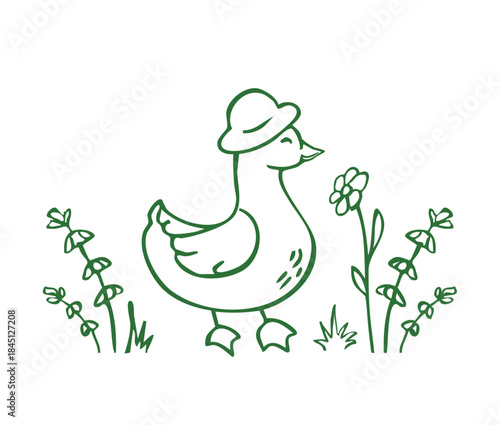 Outline cartoon illustration of a duck in the grass