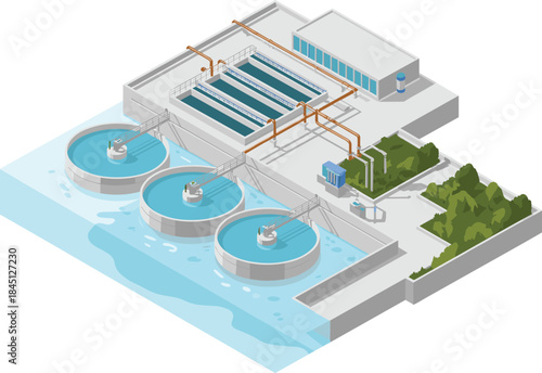 Isometric modern water treatment facility illustration showing filtration basins, pipelines, and clean water processing infrastructure for utilities engineering