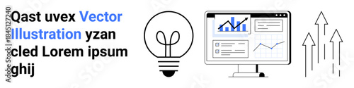 Business strategy, financial growth, innovation, data analysis, idea generation, success. Lightbulb, monitor displaying charts and arrows pointing upward. Business strategy and financial growth
