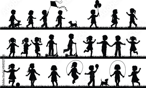 Black children silhouettes playing various outdoor games, including flying kite, riding scooter, jumping rope, walking, and running on green grass with dogs and balloons, happy childhood concept.