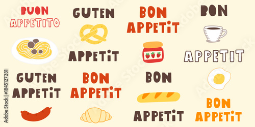 Set of greeting phrases for cafes in Italian, German and French. Perfect for food blogs. Vector illustrations set.