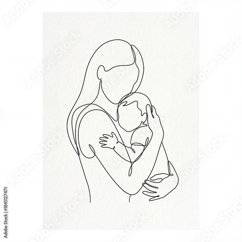 Continuous one line drawing of mother hugging child minimalist art isolated.