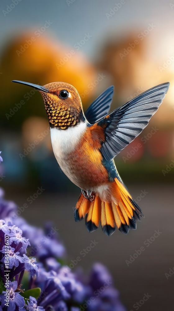 Obraz premium Vibrant hummingbird in flight with purple flowers background