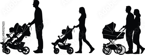 Black Silhouette Set of Parents Pushing Prams and Strollers, Mother, Father, and Couple Walking with Babies and Toddlers for Family Life and Parenthood Design