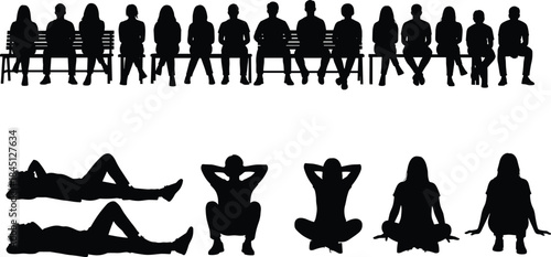 Black Silhouette Set of People Sitting on a Bench, Lying Down, and Meditating in Various Relaxed Poses for Park, Social Gathering, and Public Space Design