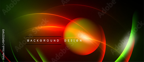 Abstract neon lights create dynamic curves, circles. Dark background emphasizes vibrant orange, green hues. Modern design element.