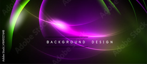 Abstract design features vibrant purple, green hues. Curved lines create dynamic light effect. Text reads background design. Modern, sleek presentation.