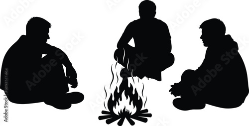 Black Silhouette Vector Illustration of Three Men Sitting Around a Crackling Campfire While Camping Outdoors Isolated on White Background for Adventure and Relaxation