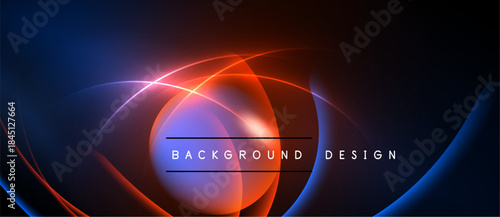 Abstract design features vibrant blue, red glows. Circular shapes intersect creating dynamic visual effect. Dark background enhances luminosity.