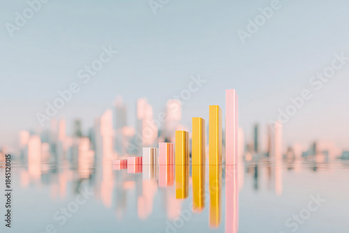 Colorful pastel 3D bar chart reflecting on glossy surface, symbolizing growth, innovation, business progress, and positive finance concept.