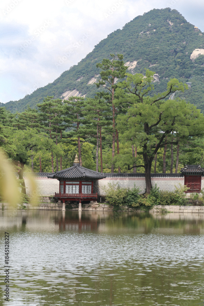 Fototapeta premium Lush garden with pond, at Hyeonbokgung Palace