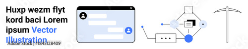 Technology, communication tools, workflow processes, data mining, digital connections, user interface. Messaging screen, data flow and pickaxe graphic. Technology and communication tools concept