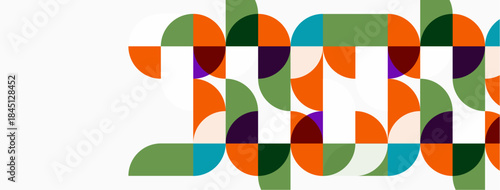 Abstract geometric pattern. Circles, semicircles create colorful design. Modern aesthetic, simple shapes, vibrant hues present.