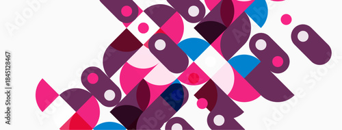 Abstract geometric shapes overlap, creating vibrant composition. Pink, purple, blue hues dominate design. Modern aesthetic.
