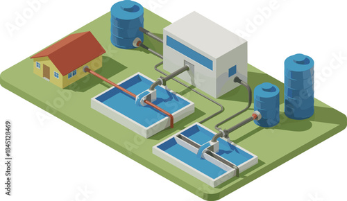 Isometric water purification and distribution system illustration showing storage tanks, filtration basins, pipelines, and household clean water supply