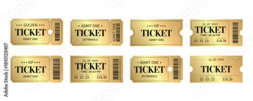 Set of Luxury Golden Tickets. Coupon Isolated on White Background. Vector.