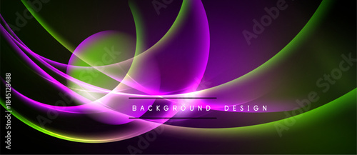 Abstract flowing lines create vibrant purple, green glow. Dark background emphasizes luminous curves, modern design element.