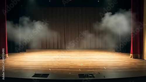 Empty theater stage with fog and dramatic lighting