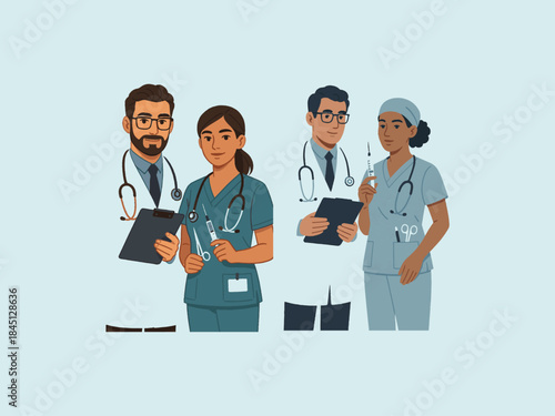 Doctor and nurse team standing with medical clipboard and tools, modern