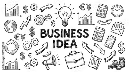 Business Idea Doodle: Finance, Growth, Innovation Icons