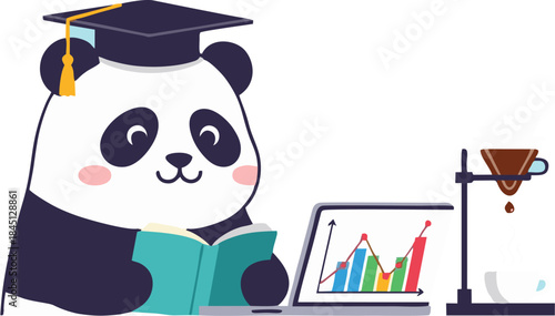 Cute cartoon panda wearing graduation cap and studying on laptop with financial graph, symbolizing education and business growth